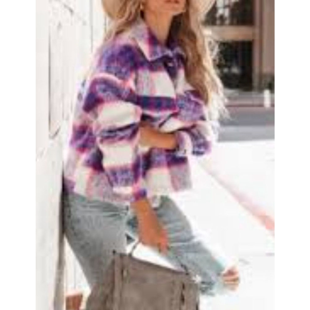 Women's Blue B White Purple Pink Plaid Shacket Jacket Size S